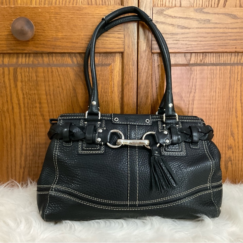 COACH HAMPTON black leather braided accent EUC